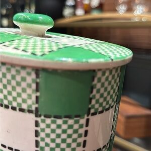 Vintage 1930's Green and White Checkered Ceramic Jar